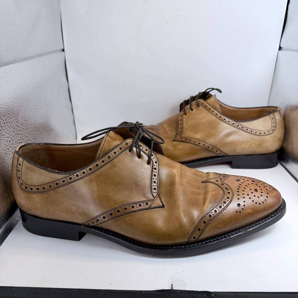 Bontoni Men Tan Leather Wingtip Brogue Derby Shoes Size 12 Made in Italy